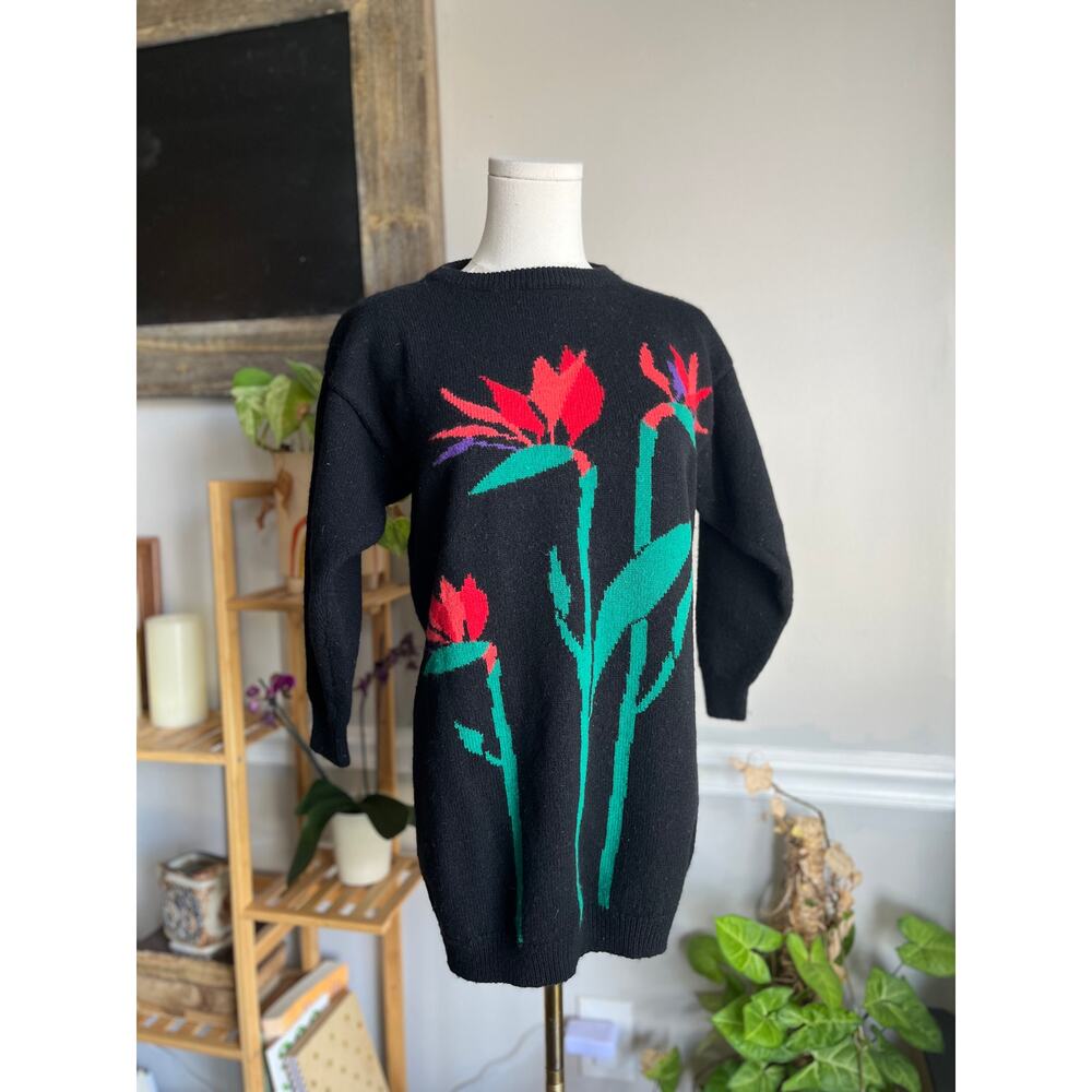 Vintage 80s Wool Sweater Dress Knit Black Red Green Plants Size Small